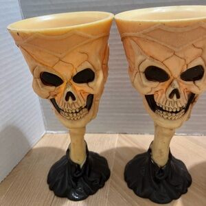 (5) Vintage Halloween Scary Skeleton Skull Goblets 7 1/2” High